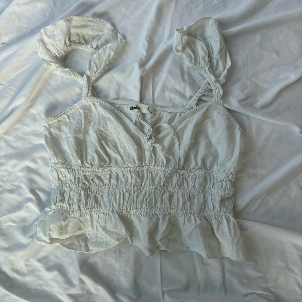 Elodie Linen Blend White Ruffled Girlie Crop Top Sz L